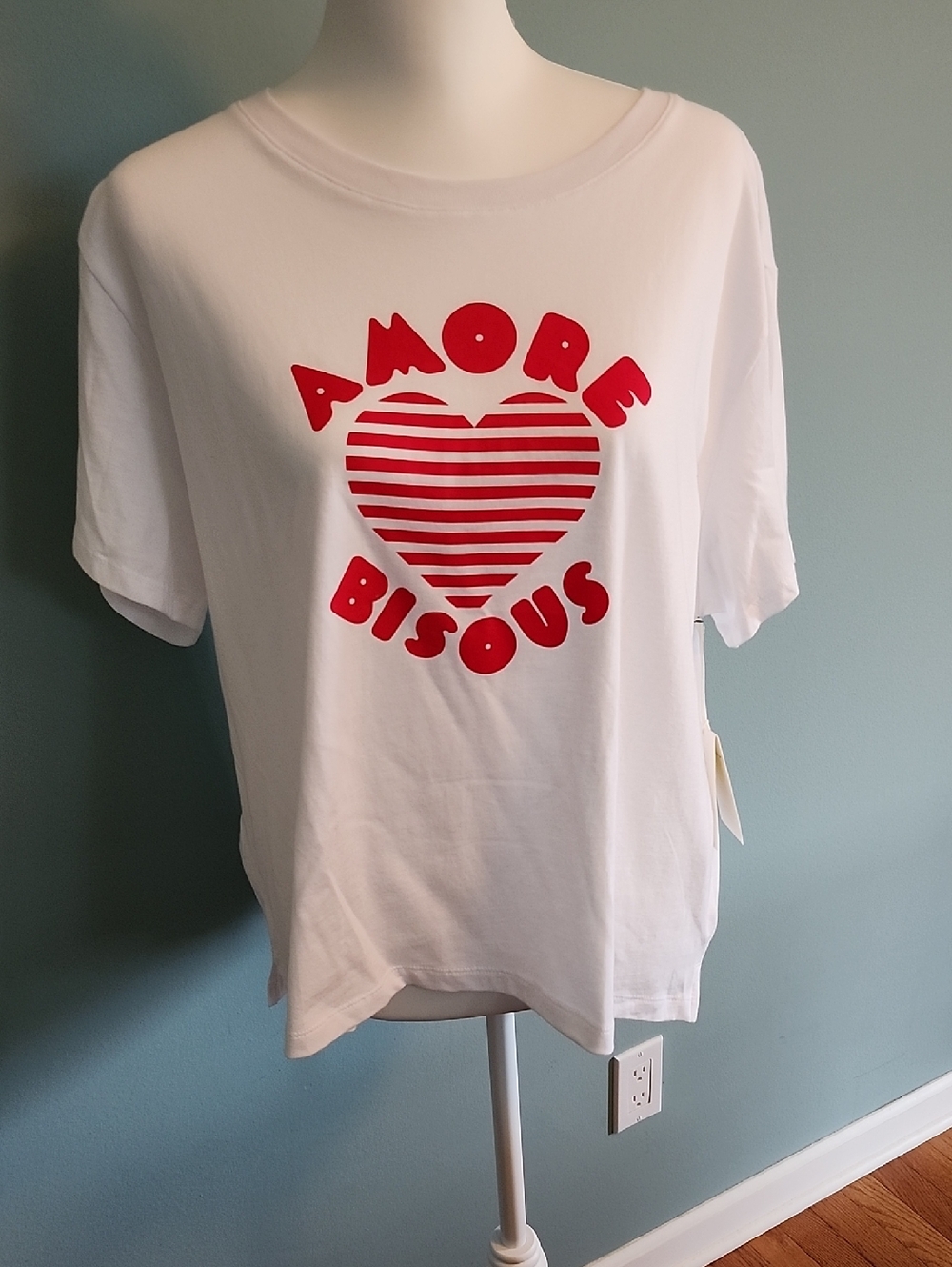 White Graphic Tee with Red 'Amore Bisous' Heart. (LOVE AND KISSES)